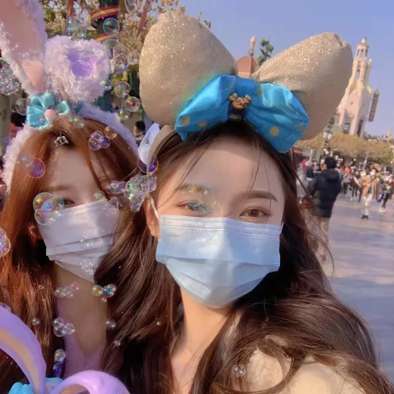 2025 오리지널 디즈니 미키 귀 머리띠 상하이 디즈니 랜드 미니 가죽 머리띠 헤어 밴드 스팽글 보우 파티 헤어 액세서리