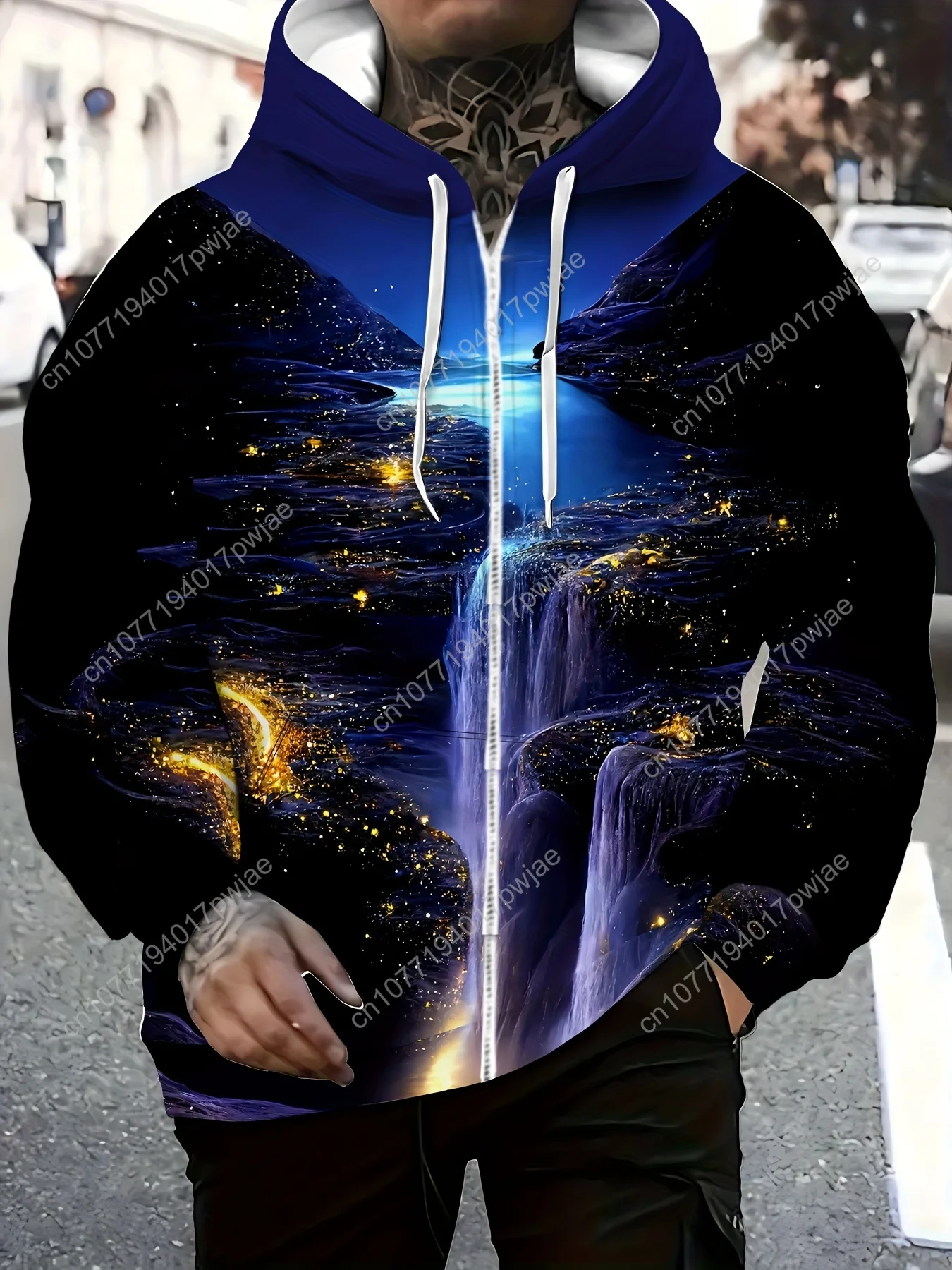 Men'S Dreamy River Print Hoodie - Long Sleeve Zip-Up with Drawstring, Pockets, Casual Outdoor Jacket for Fall & Winter, Autumn W