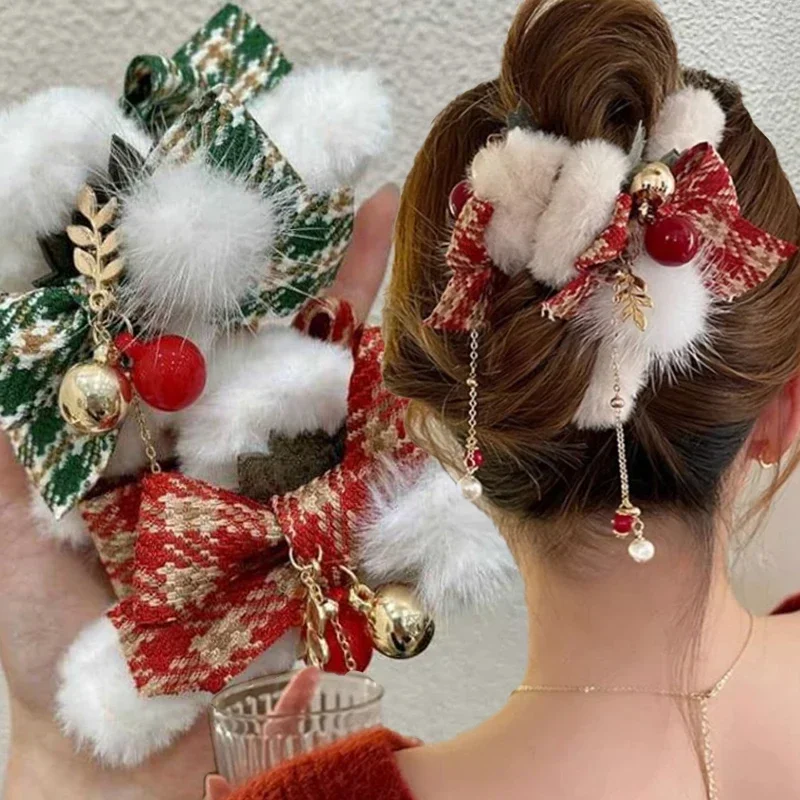 Pinzas para el pelo con lazo de felpa de Navidad para mujeres y niñas, horquilla con borla de campana bonita, accesorios para el pelo para fiesta de año nuevo, decoración de moda
