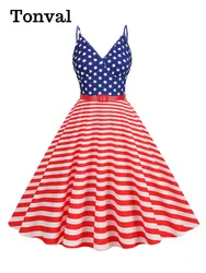 Tonval Stars and Stripes Print Summer Party Sexy Dresses for Women 2023 V-Neck Vintage Style Belted Swing Dress