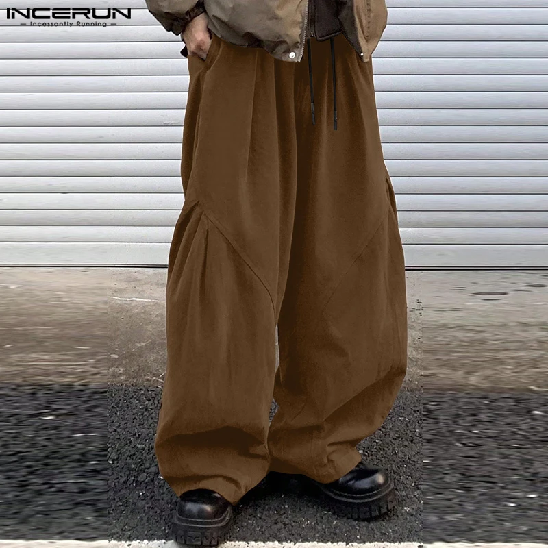 

INCERUN Men Pants Solid Color Joggers Drawstring Loose Casual Trousers Men Streetwear 2025 Fashion Leisure Male Long Pants S-