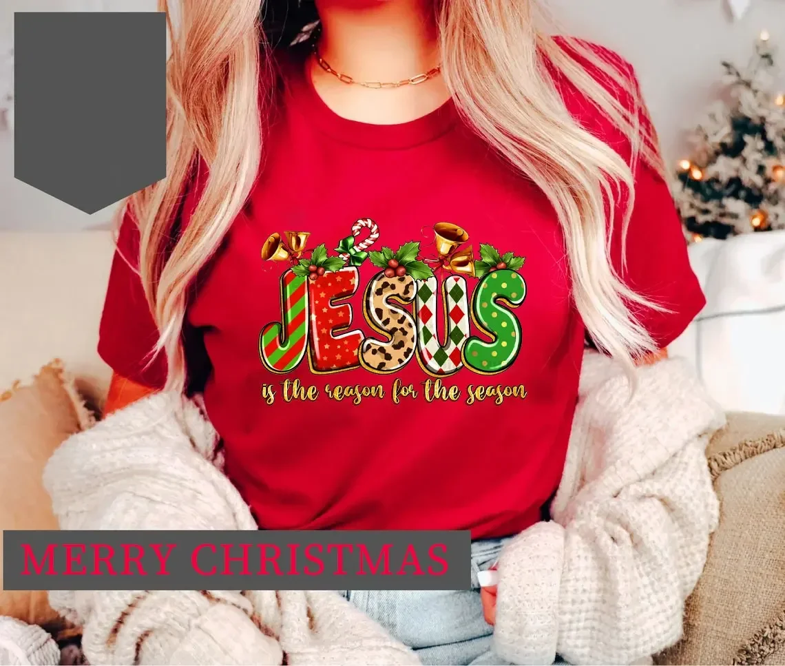 Jezus is God Vrouw Kerst Rood T-shirt Nieuwjaar Kerstmis Geheugen van Jezus Christus Hoge kwaliteit katoen bedrukt T-shirt Party Tops