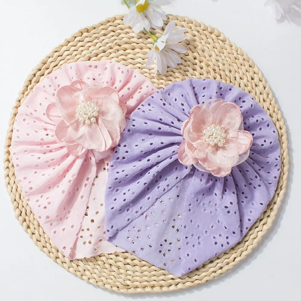 Simpatico cappello a fiore in pizzo elastico traspirante per ragazze turbante cavo per bambini berretti per neonati accessori per capelli
