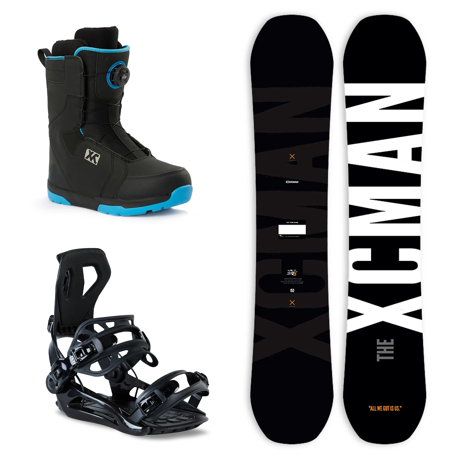 XCMAN True Twin Camber Cosmos Snowboard 360 Seco Bindings para hombre con botas XFITGO Paquete completo de snowboard todo terreno