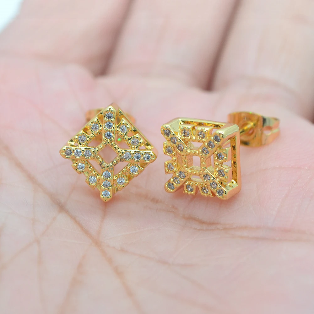 Fashion Gold Color Women Clear Cubic Zirconia CZ Exquisite Hollow Lozenge Stud Earrings Jewelry