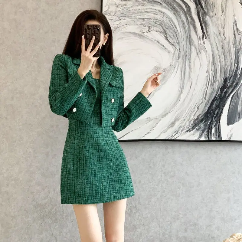 Insozkdg Fall Retro Tweed Suit Women Green Tweed Dress Elegant Double Breasted Tweed Jacket + Slim Fit Sling Plaid Dress 2023