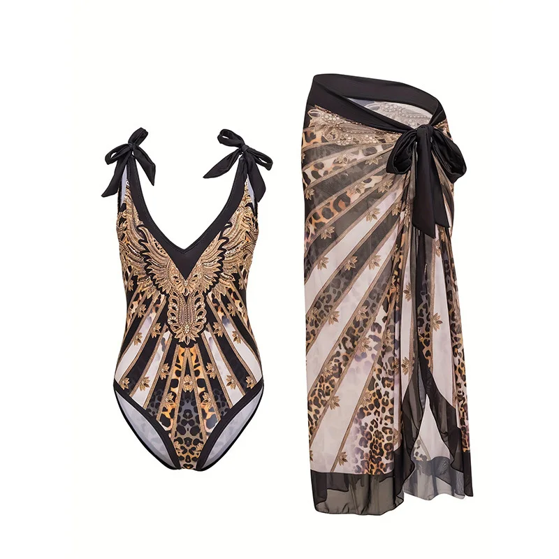 

2025 European and American Printed One- Swimsuit Two-Piece Set New Hot-Selling Sexy Deep V Gathered Tight-Fitting Backless