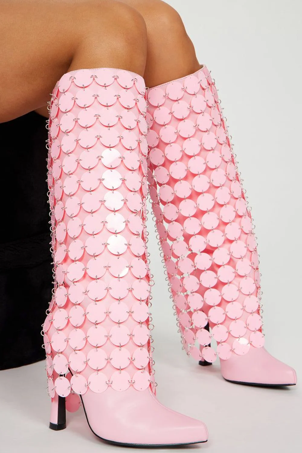 Pink Circular Disc Fringe Knee High Stiletto Boots Sequined Cutout Design Pointed-Toe Leather Tall Heeled Boots Runway Footwear