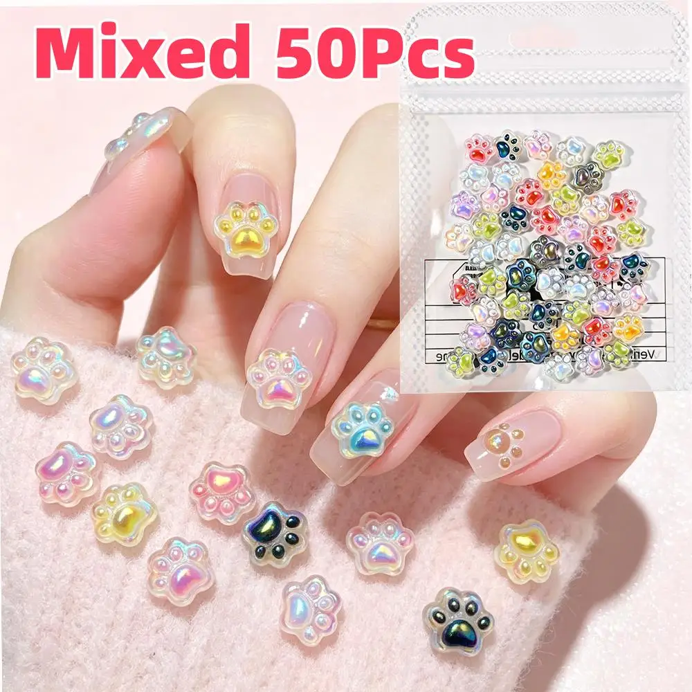 50Pcs 3D Aurora Cat Paw Nail Charms Iridescent Flat Back Animal Paws Nails Art Decoration Kawaii Crafts DIY Manicure Accessories