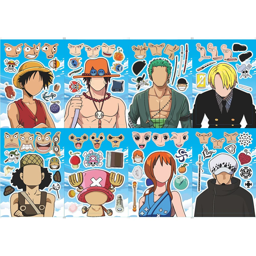 8/16Sheets Anime One Piece Puzzle Sticker Make a Face Game Kids DIY Assemble Jigsaw Cartoon Decals Educational Toy Children Gift