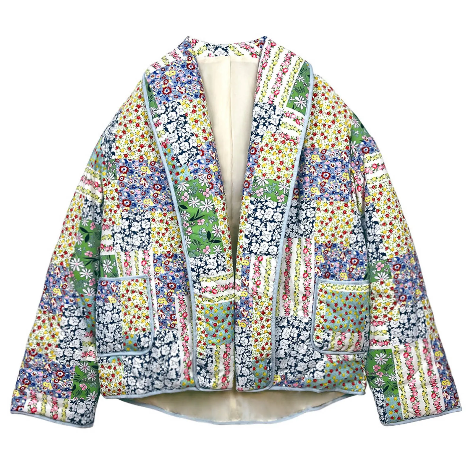 2024 Autumn Winter Green Blue Flower Print Lapel Quilted Coat Ethnic Women Quilting Full Sleeve Warm Loose Jacket Retro Outwear