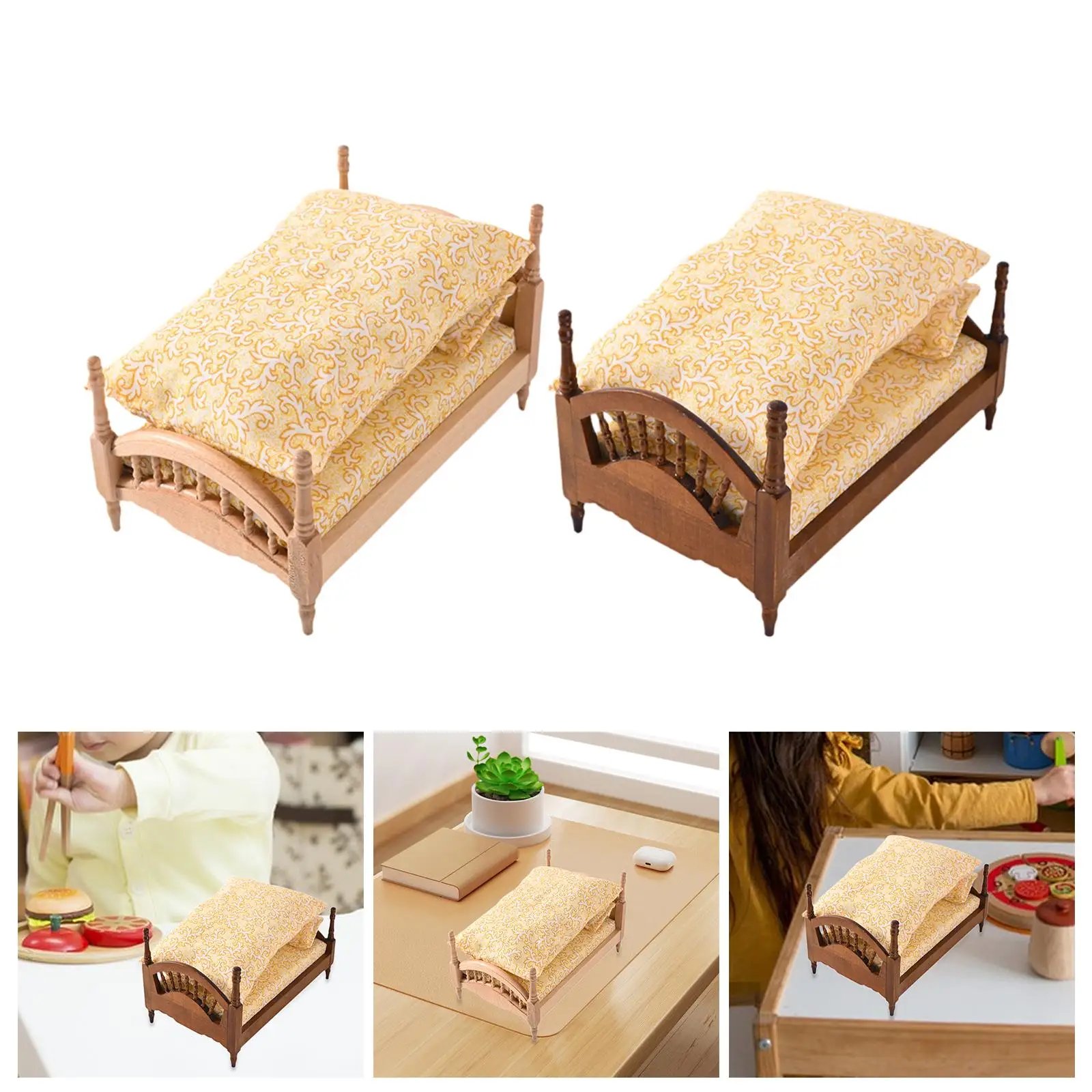 1/12 ドールハウスベッドミニチュアシーンアクセサリーミニマリスト木製ベッド寝室