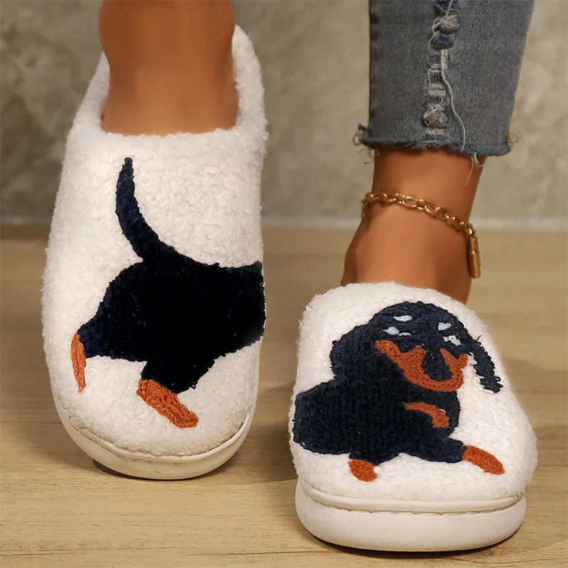 Dachshund Pattern Cotton Slippers Stuffed Home Thick Sole Plaid Furry Cat Cotton Slippers Warm Non-slip Indoor Couple Slippers