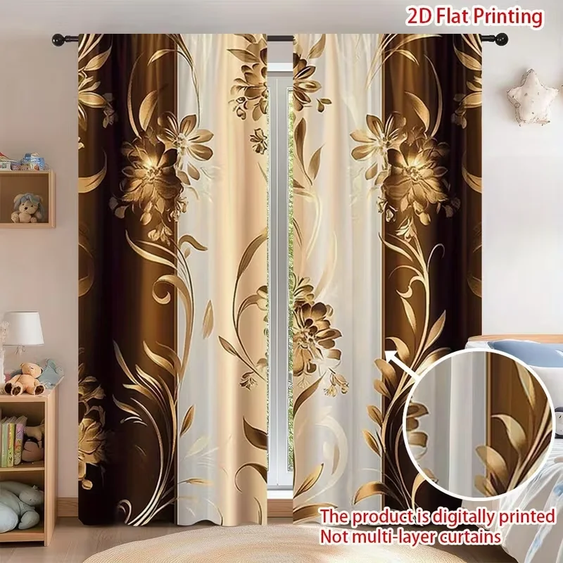 2 Stück braun-goldene, floral gestreifte, transparente Vorhänge – luxuriöse Vintage-Druck-Fenstervorhänge für Wohnzimmer- und Schlafzimmerdekoration