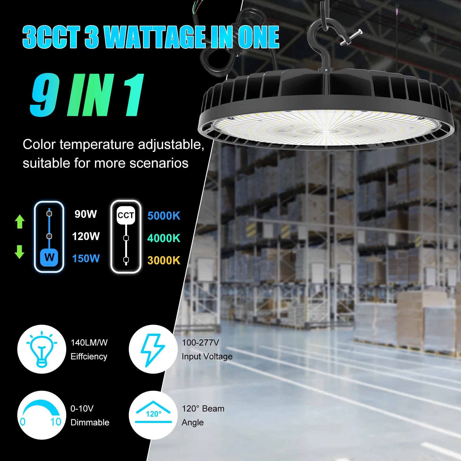 150W LED High Bay Lights CCT & Power Tunable IP65 Warehouse Shop Fixture UL DLC Listed