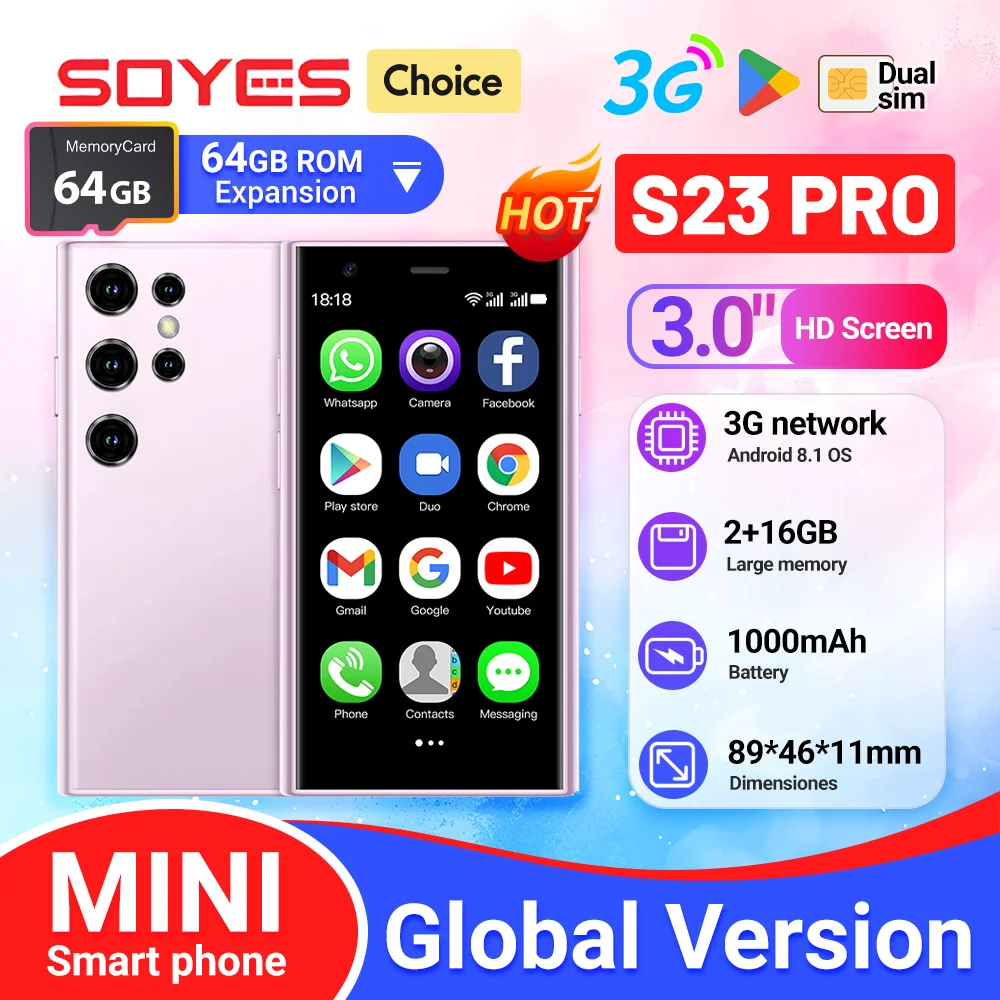 

SOYES S23 Pro Ultra-thin Smartphone 2GB RAM 16GB ROM Android8.1 Dual SIM Standby 1000mAh 3G Network Compact Mobile Phone