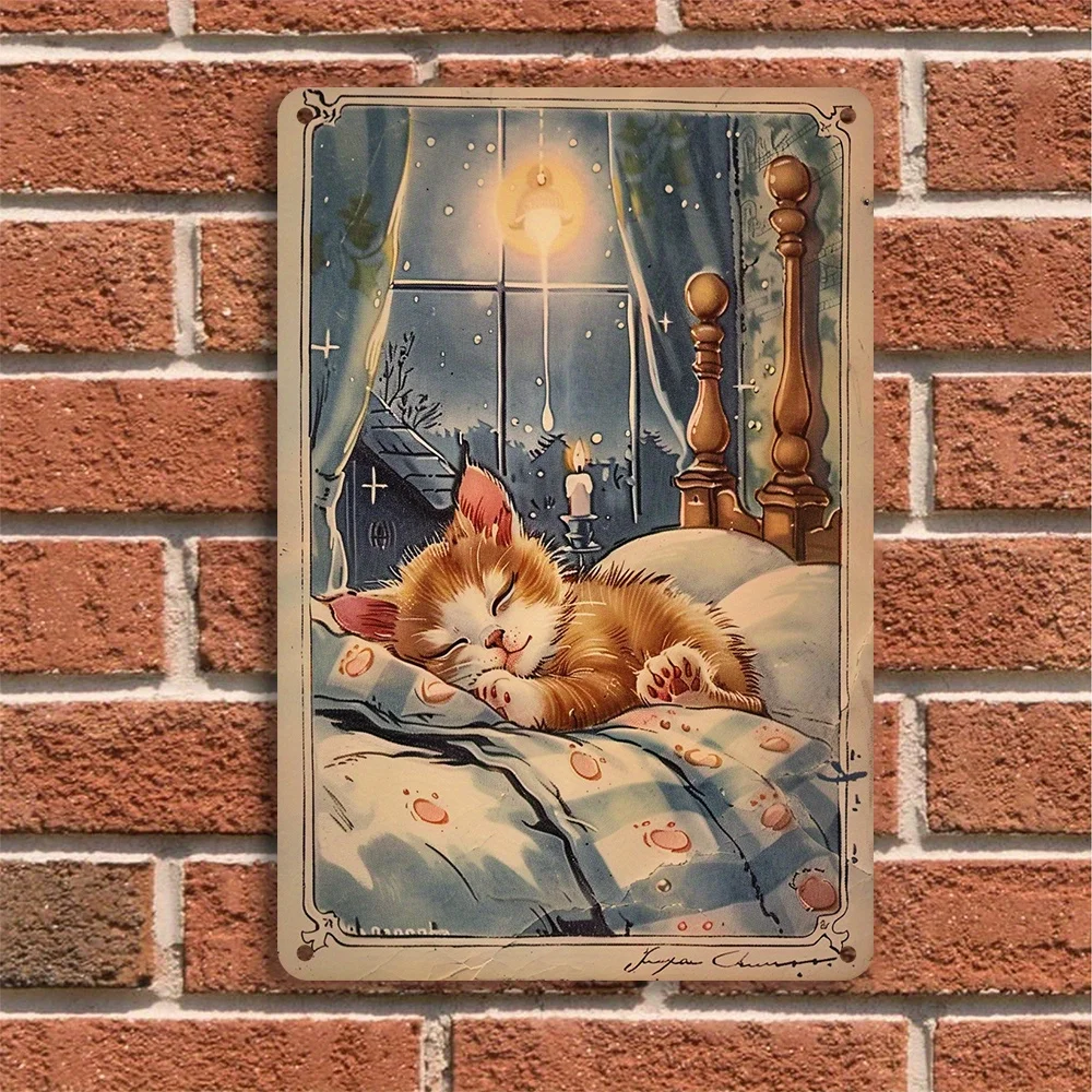 1PC Iron Metal Sign Sleeping Cat Wall Decor Pre-drilled Weatherproof Vintage Cat Art Sign for Home and Outdoors Pet Lovers