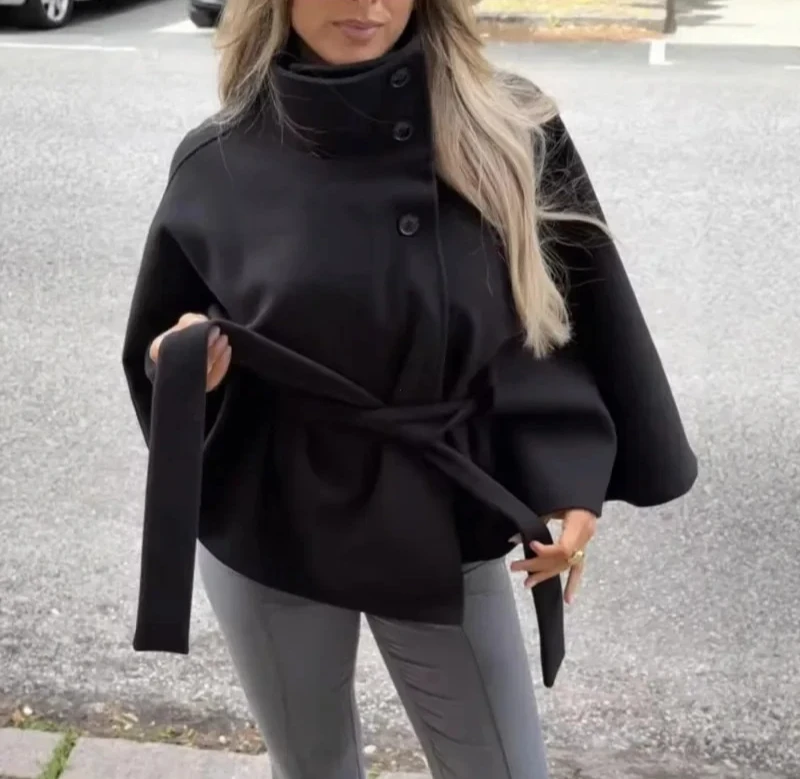 معاطف كيب قصيرة للنساء معاطف خليط الحزام للخريف والشتاء معاطف صلبة أنيقة عباءة سترة للسيدات #2
