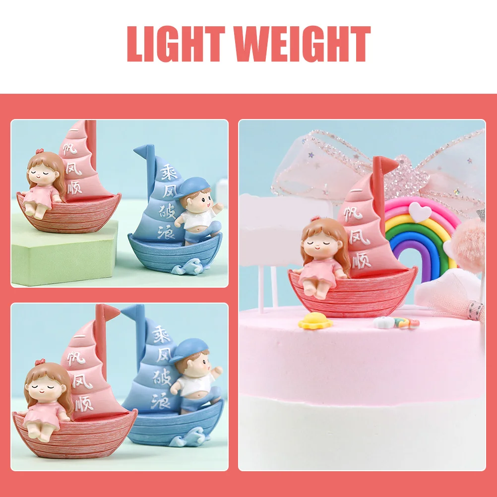

2Pcs Sailboat Cake Decorations Boy Girl Cartoon Figurines Mini Toppers for Wedding Birthday Party Dessert Decor