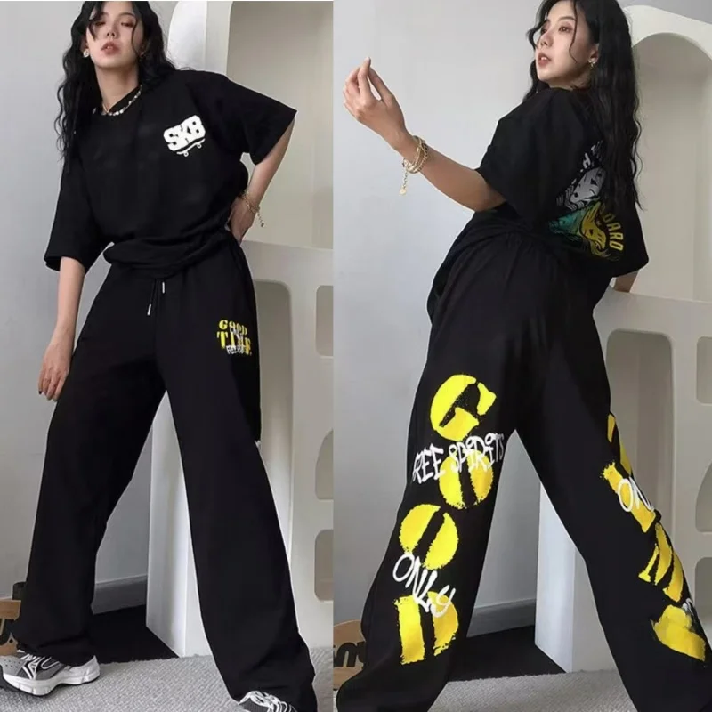Spodnie damskie z wysokim stanem, luźne, w stylu hip-hop, do tańca i sportu, modne, codzienne, z szerokimi nogawkami, wygodne, elastyczne, czarne.