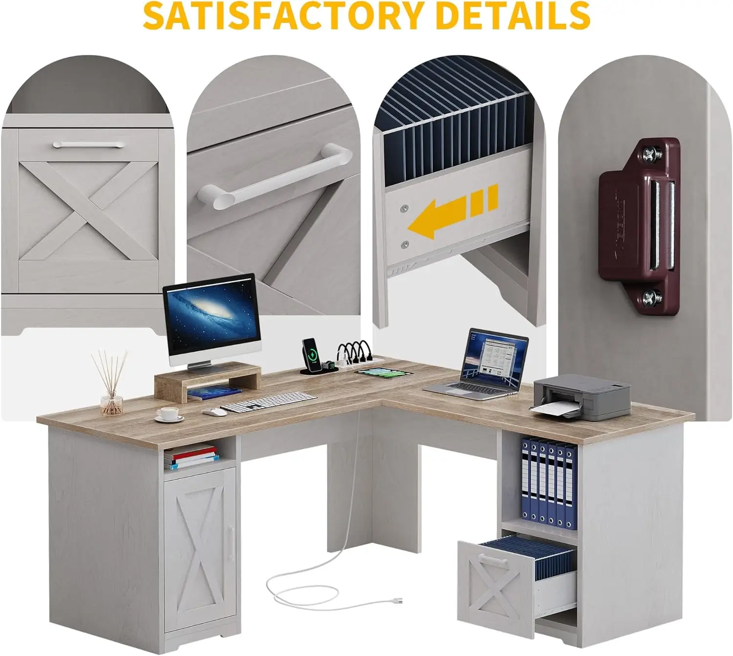 파일 서랍이 있는 L자형 책상, 전원 콘센트가 있는 60인치 코너 컴퓨터 책상, 모니터 스탠드와 수납 선반이 있는 홈 오피스 책상