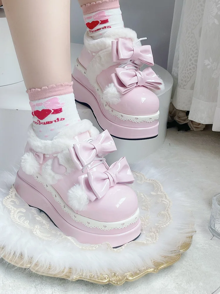 Lolita Original ความสูงเพิ่มหนา Soled ฤดูหนาว WARM Snow BOOTS,ญี่ปุ่นหวาน Loli Tea PARTY รองเท้าเดียว