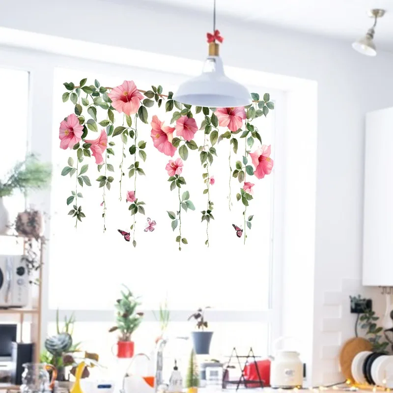 1PC Small Fresh Pink Flowers Branches Vines Glass Windows Home Beautification Decoration Wall Stickers