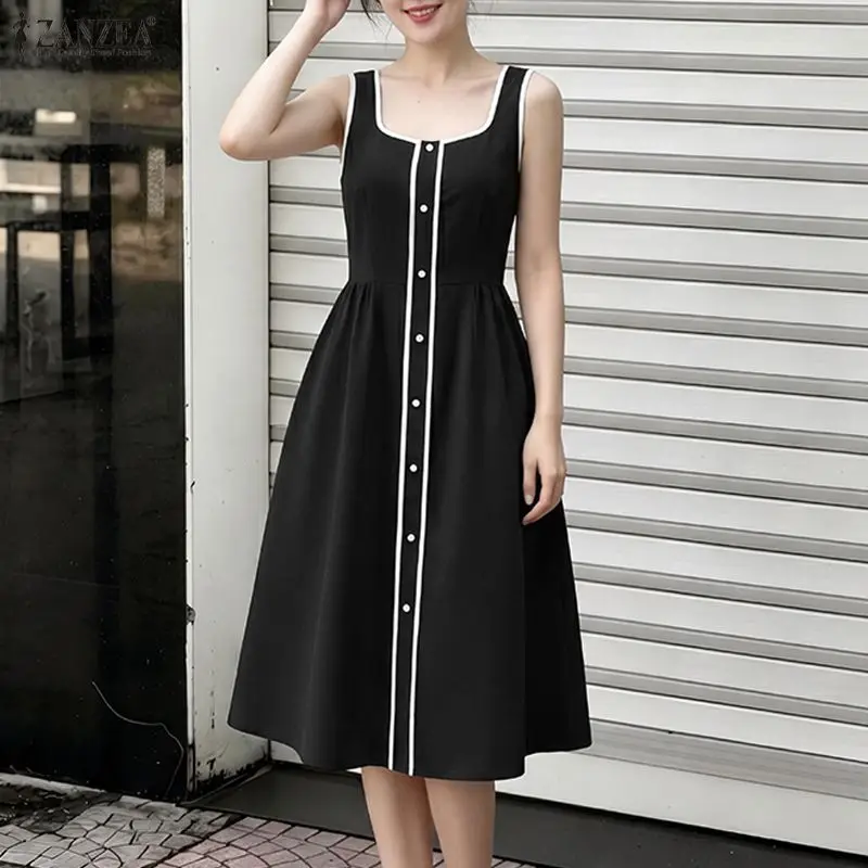 ZANZEA Elegantes ärmelloses Sommerkleid mit quadratischem Kragen für Damen, lässiges Kurzarm-Urlaubskleid, Midi-Kleid, Patchwork-Arbeitskleid
