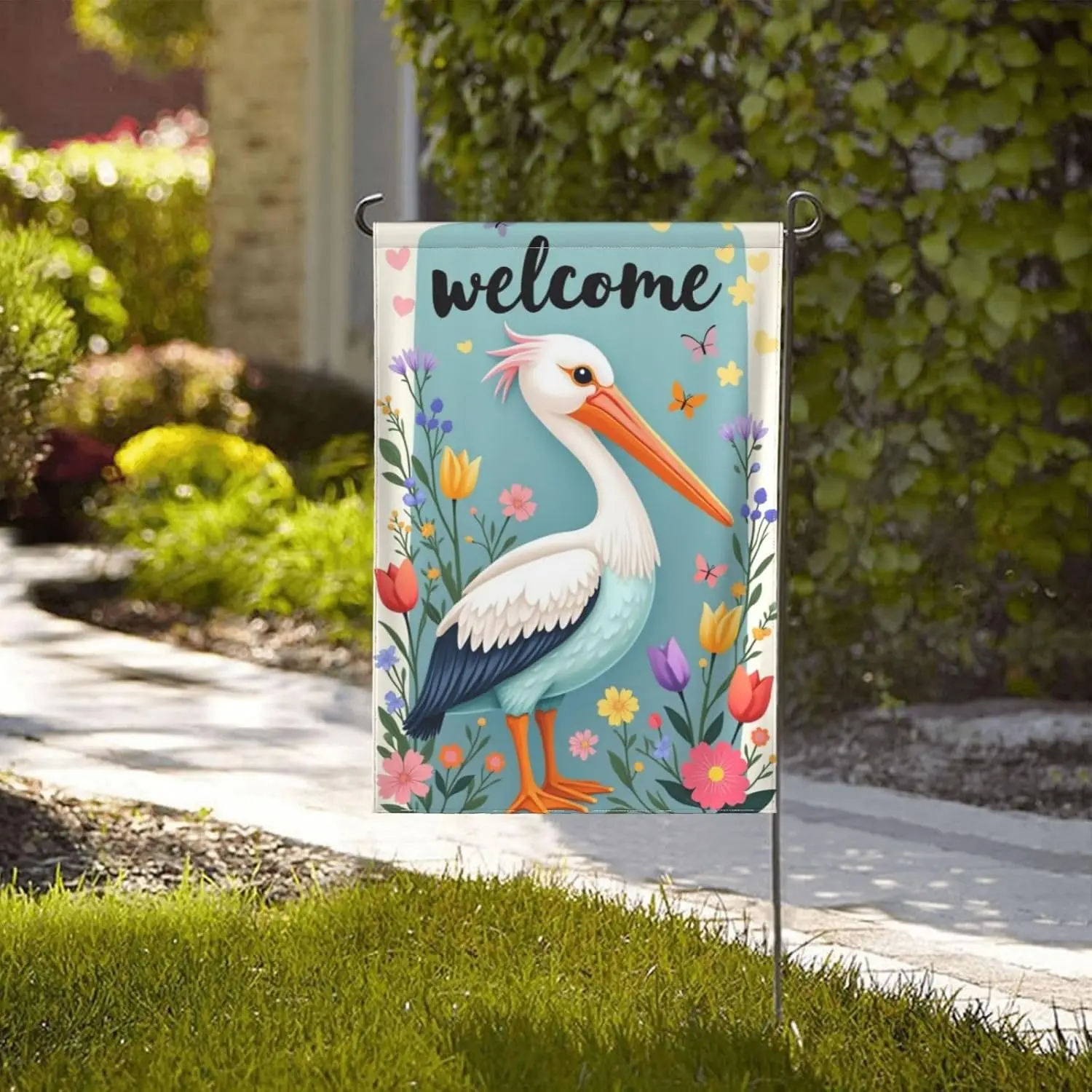 Welcome Spring Garden Flag 12X18 Inch Double Sided Pelican Flowers Bird Floral Pattern Weather Farmhouse Style Spring Themed AAS