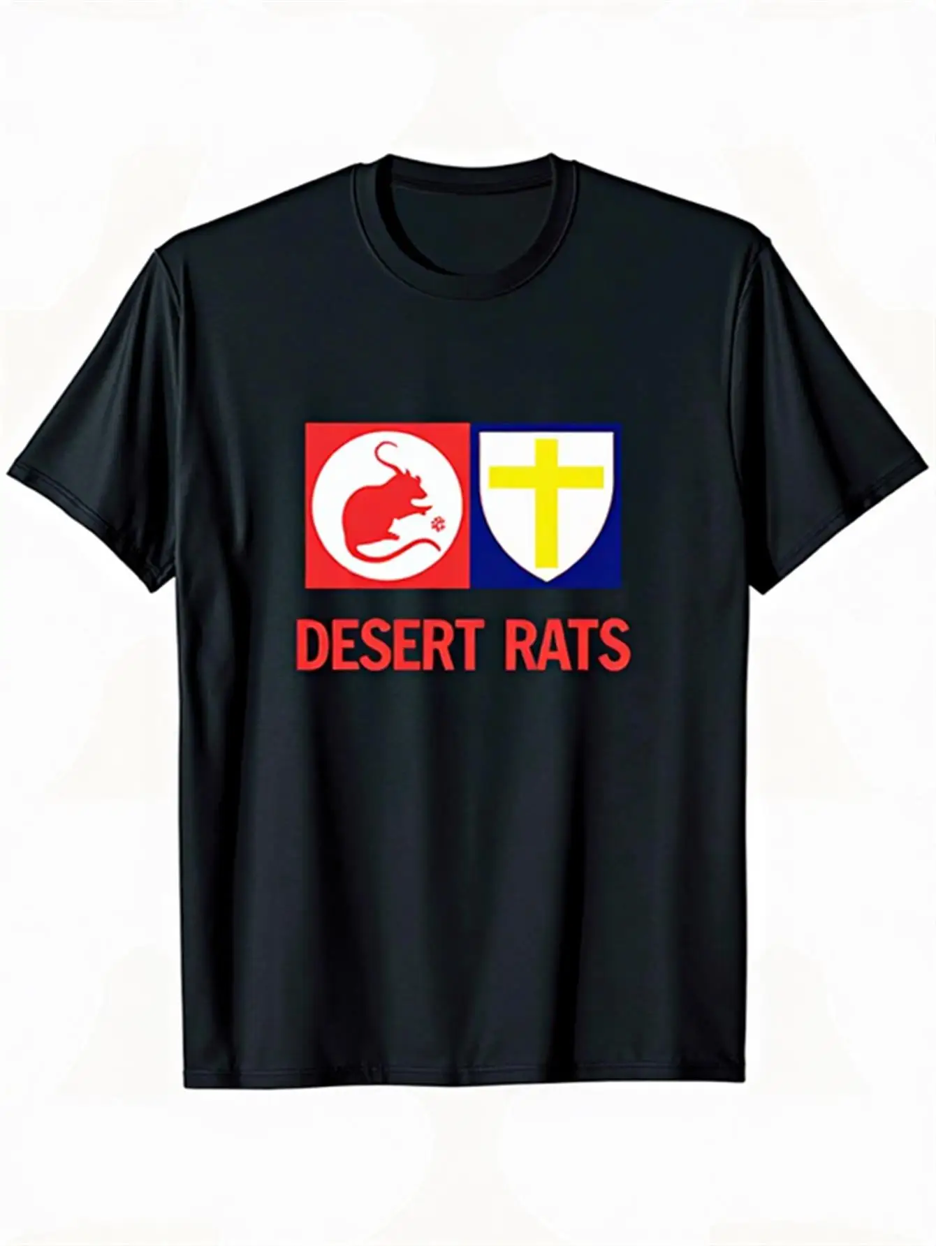

Men's Desert Rat Pattern T-Shirt Black T-Shirt with Red and Yellow Shield Design Heavyweight 100% Shirt Suitable for Halloween Cosplay Theme Parties Sizes S-Xxxl Casual Daily Wear and Clothing Ideal Gift