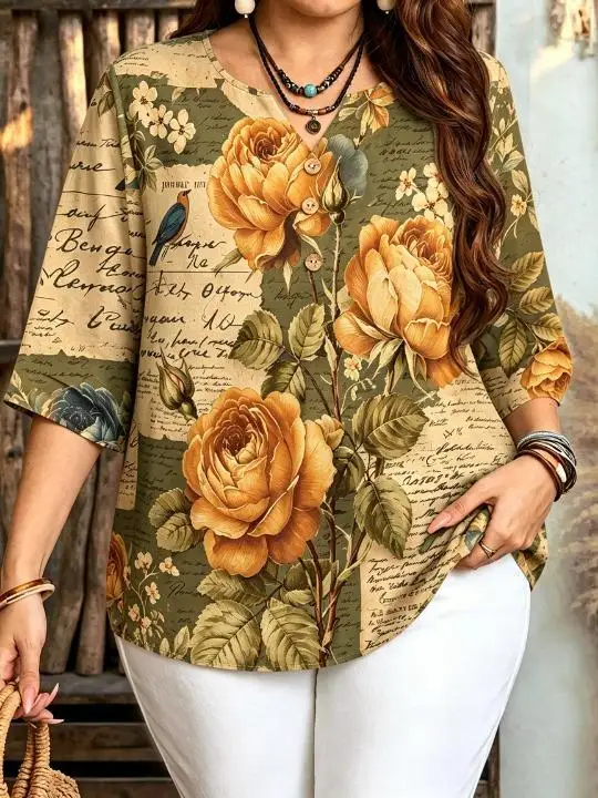 Women Vintage Letter Paper Collage Rose Bird Print Blouse For Curvy Figures Notched Neck 3/4 Sleeve Loose Casual Ladies Tops