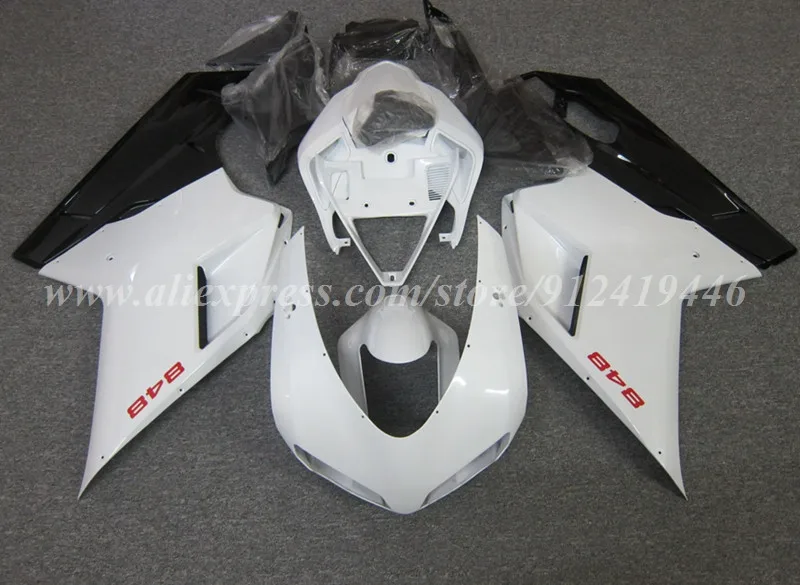 4Gifts New ABS Fairings Kit Fit for Ducati 848 1098 1198 Evo 2007 2008 2009 2010 2011 2012 Bodywork Set Black White Glossy