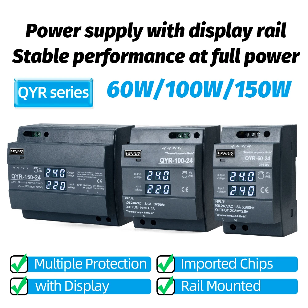 Nowy zasilacz impulsowy na szynę DIN QYR-60W 100W 150W AC-DC 12V 24V z cyfrowym wyświetlaczem przemysłowy do listwy oświetleniowej LED