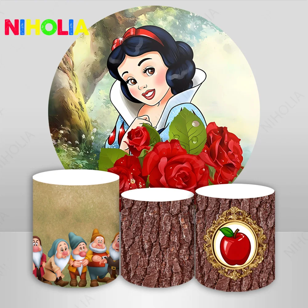 Disney Snow White Circle Backdrop Girls Newborn Birthday Party Wood Photography Background Cake Table Cover Baby Shower