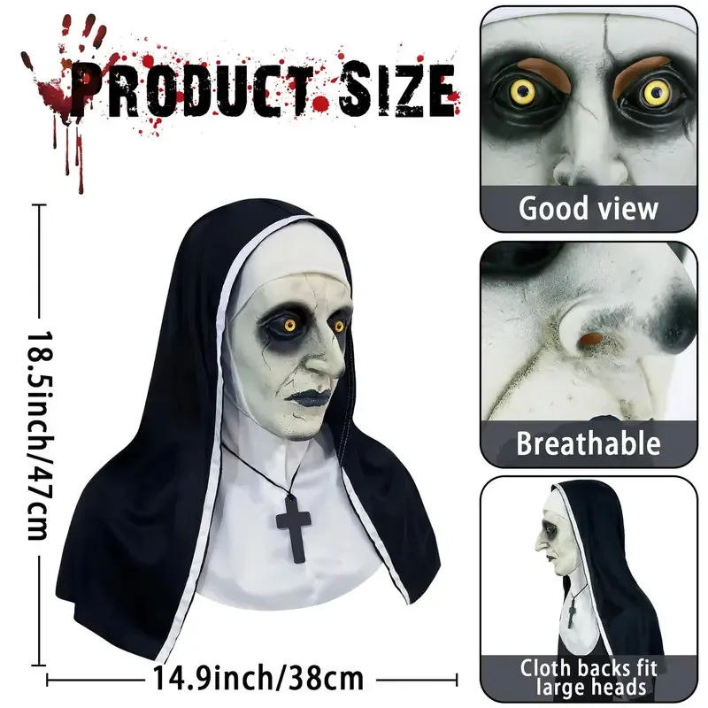 2024، قناع اللاتكس المخيف لراهبة الهالوين المخيف للنساء البالغات لدعائم أزياء تنكرية ob;8