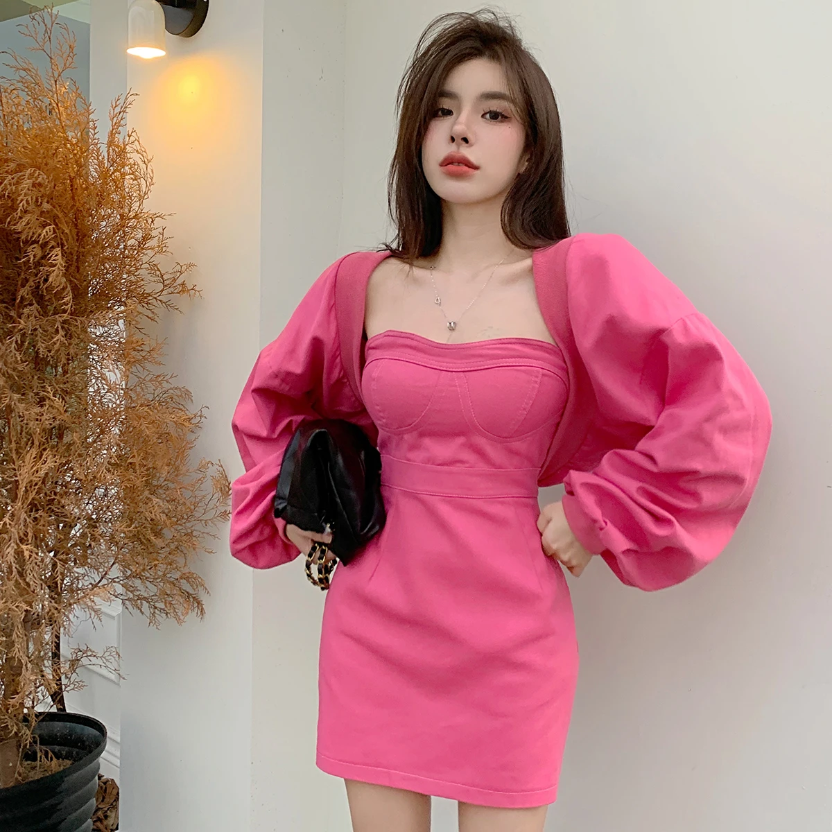 Sexy Mini Bodycon Denim Dress Korean Style Fashion Streetwear Female Puffy Sleeves Short Jacket Shawl +Corset Dress Tube Top