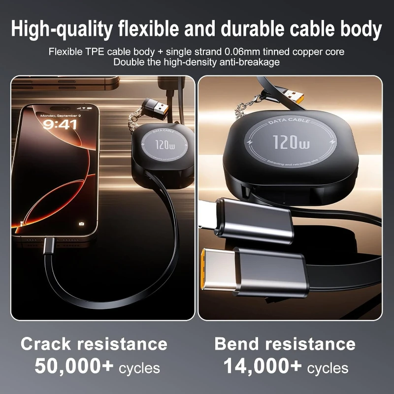 120W Retractable 4-in-1 Fast Charging Cable, USB To Type C + IOS Port, Data Sync, for IPhone IPad Samsung Tablets