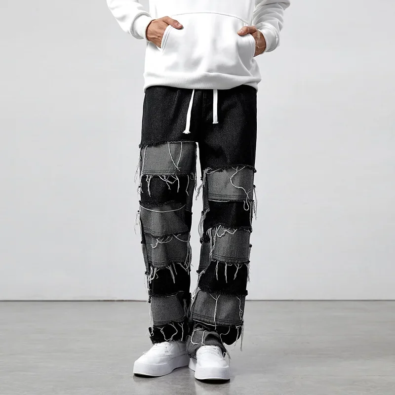 

Fashionable Men's Simple and Versatile Straight-leg Jeans European and American New Style Whiskered Spliced Long Pants
