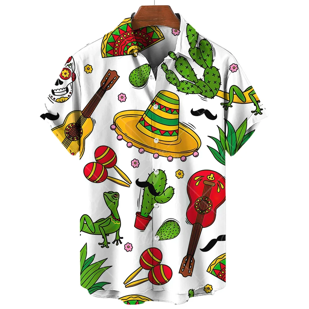 2026 Summer New Collection Vintage Men's Shirt Mexican Style Guitar 3D Printed Pattern Men's Clothing Summer Fashion Shirt