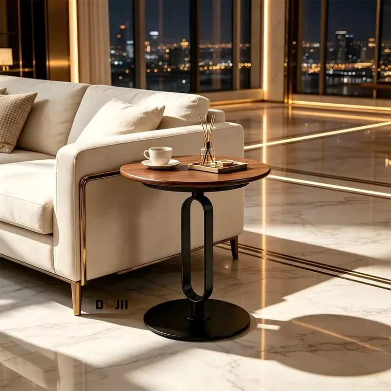 Round Walnut Finish Hotel Furniture Side Table for Living Room | Matte Black Geometric Metal Base Pedestal End Table