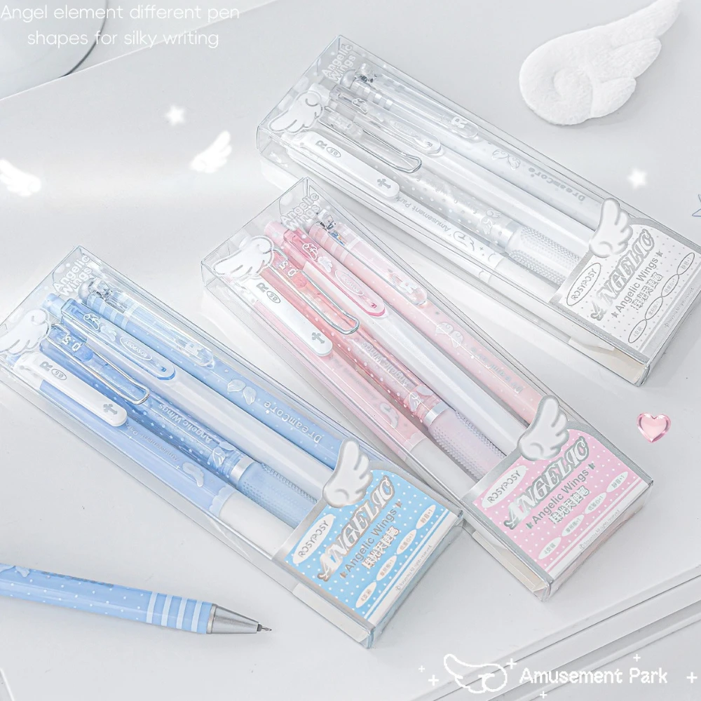 4Pcs/Set Pearl Angel Gel Pens Cute Exam Pens with Wing Design 0.5mm Black Ink Writing Pen Back to School Stationery Supplies