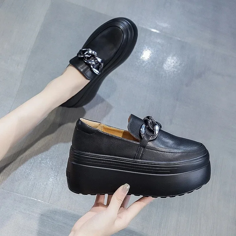 8CM Genuine Leather Fashion Walking Height Increasing Loafers Ladies Casual Platform Wedge Hot Sale Women Slip on Shoes