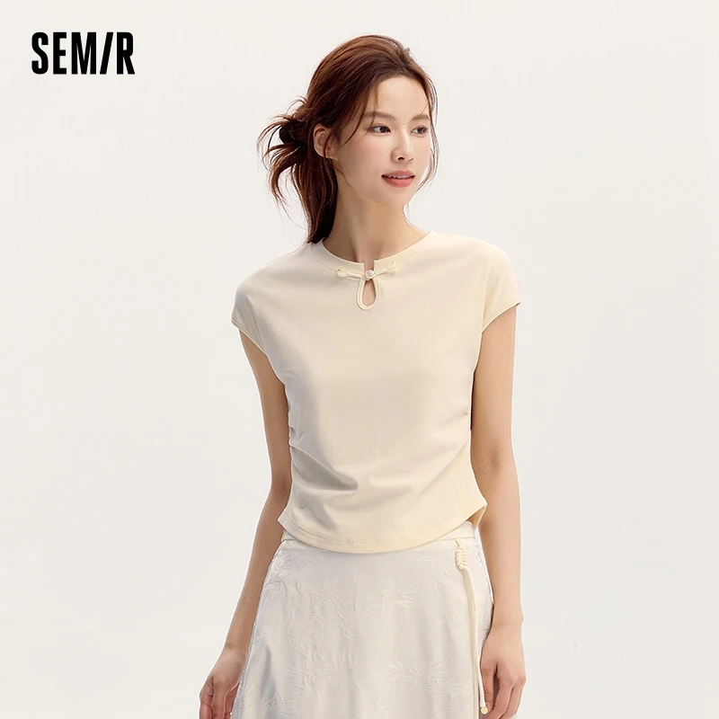 Semir T-Shirt Women Short Slim-Fit Versatile 2024 Summer New Sleeveless Top Featuring Button Closures