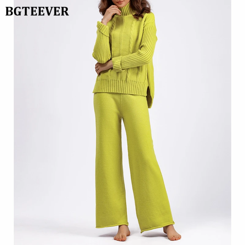 BGTEEVER Winter Thicken Warm Ladies 2 Pieces Knitted Set Half High Collar Sweaters Women Wide Leg Pants Women Knitted Outfits