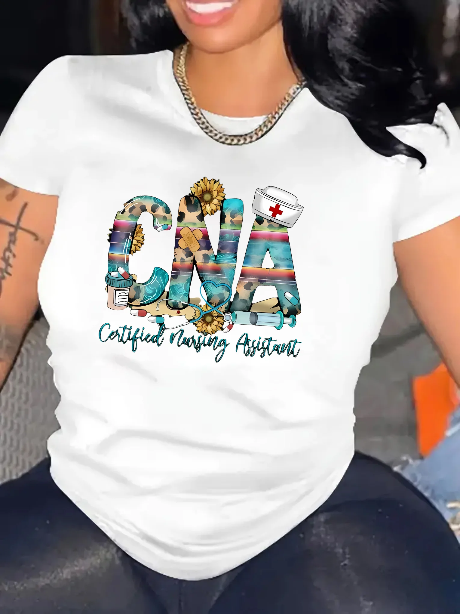 Women's CNA Graphic Tee - Casual Round Neck Short Sleeve T-Shirt, Vibrant Nurse Letter Print, Comfortable Summer Top