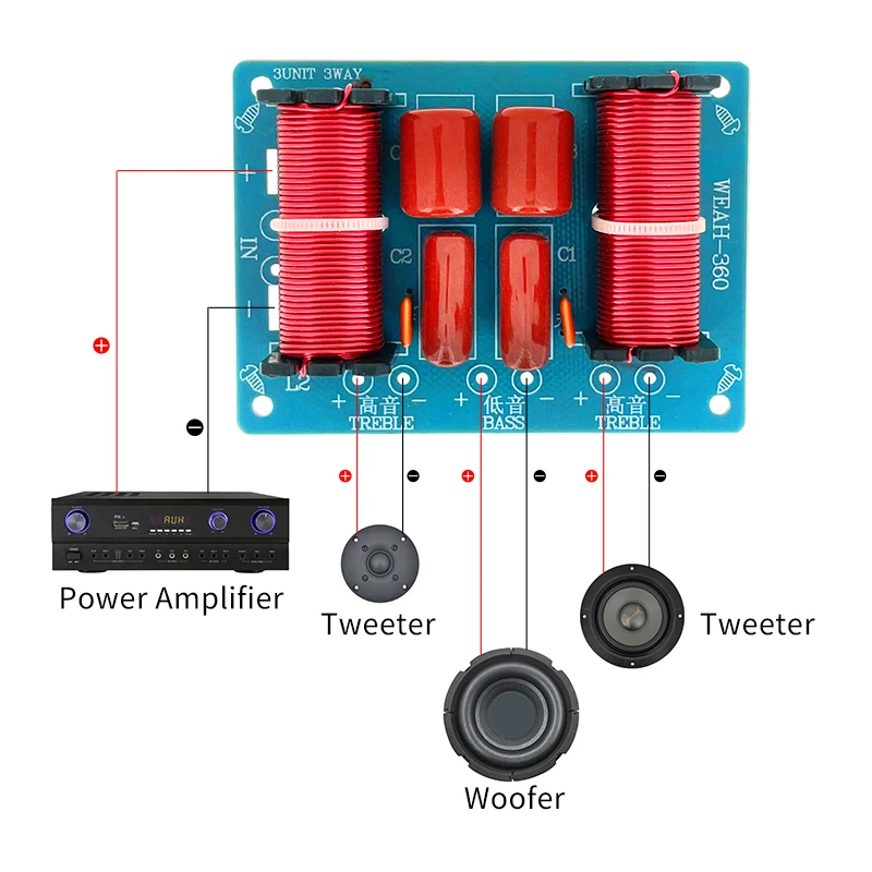 2 Treble 1 Bass Speaker Frequency Divider Passive HF LF Audio Crossover Network 3 Way High Low Pass Filter 250W WEAH 360