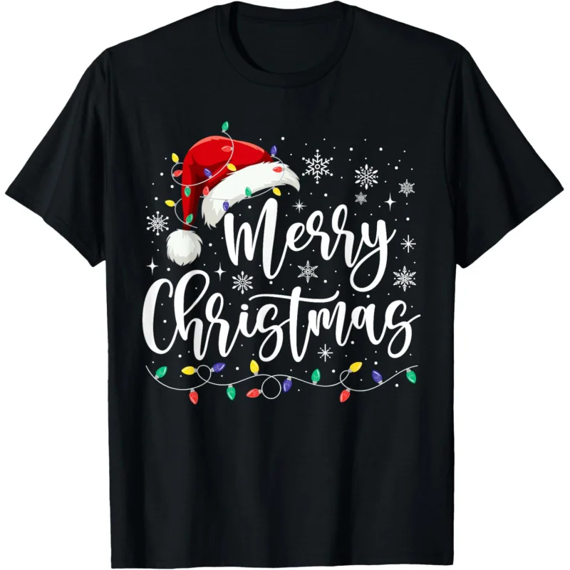 Merry Christmas lights red Santa hat Xmas family men women T-shirt men's and women's loose fitting clothes