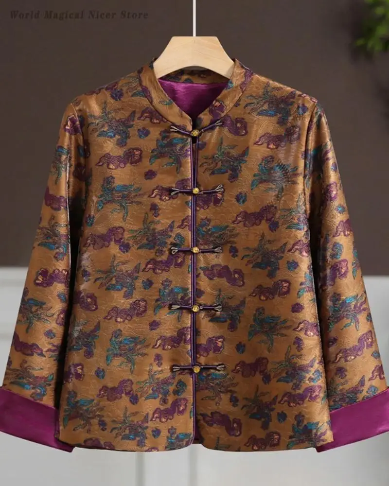 Women New Chinese Style Loose Tang Suit Coat Mandarin Collar Frog Button Retro Elegant Ladies Outerwear Top