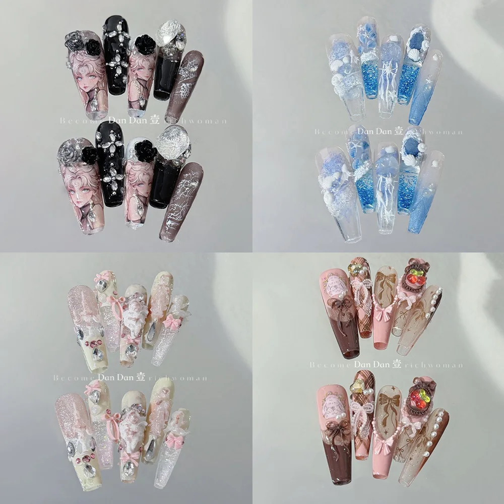 

French Sweet Cool Diamond Long Coffin Fake Nail 3D Bowknot Flowers Pearl Shell Glitter Powder Nail Art Birthday Gift Stickers