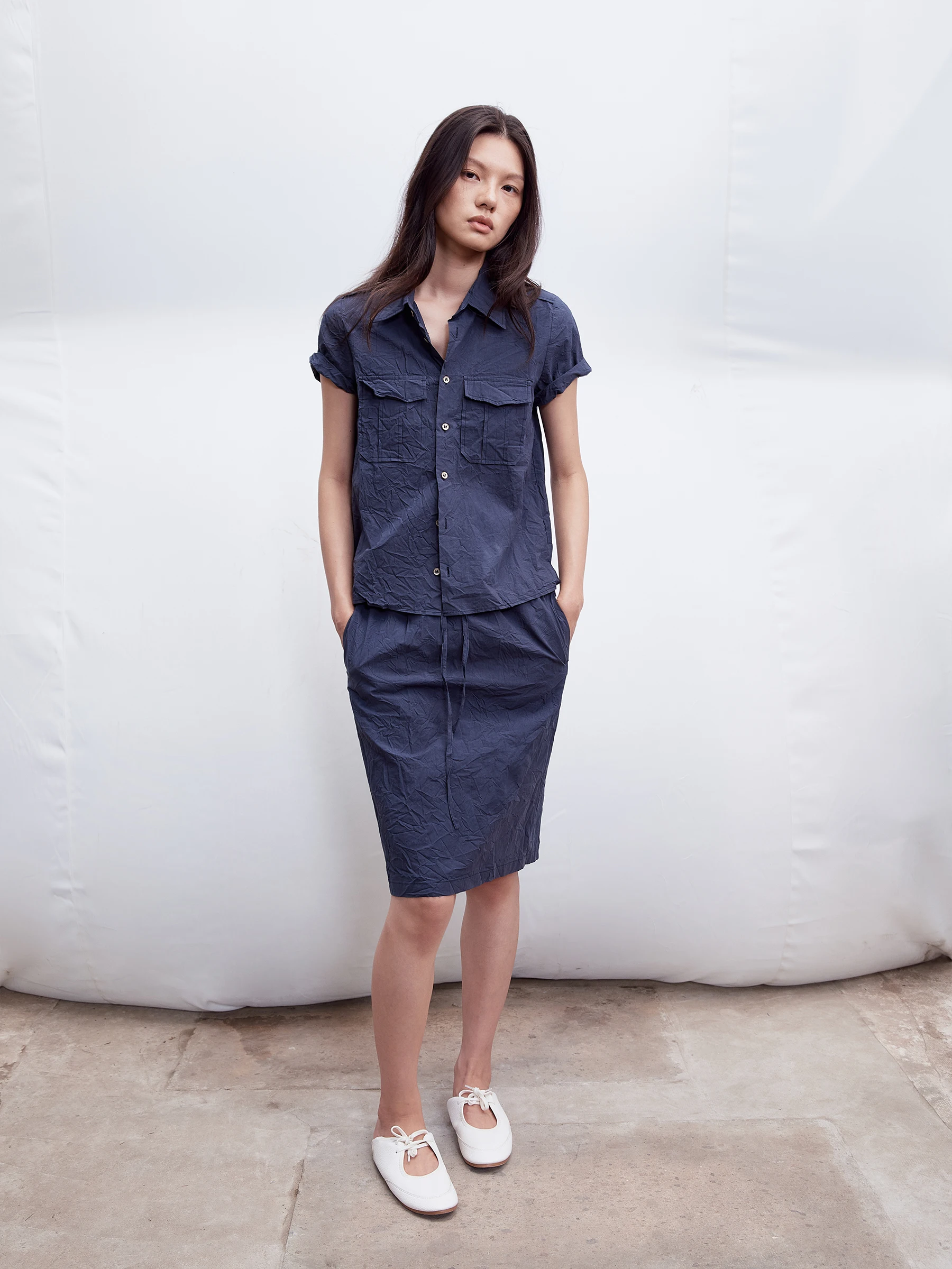 SHKUCO Natural Creaseless Texture Free Ironing Easy Care Straight Leg Split Half Skirt Short Sleeve Shirt Set Women's Fashion